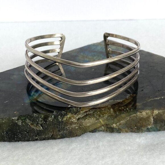 Sterling Silver 925 Modernist 22MM Wide Multi Row 4 Band V Cuff Bracelet Sz 7.5\